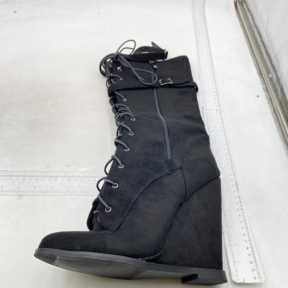 Black Women Round Toe Knee High Boots Sexy Wedge High Heel Lace up Riding Boots - Picture 1 of 7